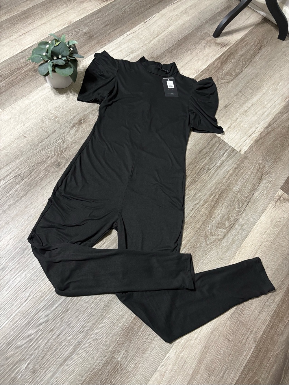 Fashion Nova Black Short Puff-Sleeve Jumpsuit